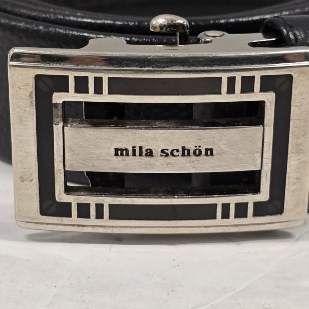 Mila Schon Black Leather‎ Silver Tone Buckle Belt